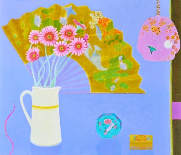Still-life oil painting with a white jug, Chinese Fans and flowers by Janet Tod, on show at the Artists Open House, Dulwich Festival 2023