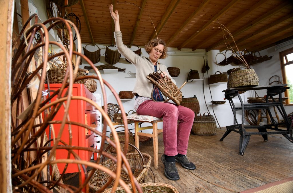 Angela Cole making a basket at Yorkshire Willow