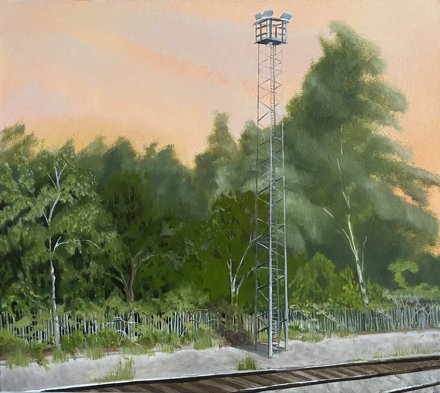 Trees beside a railway line by Carolyn Blake, exhibiting at the Dulwich Festival 2023