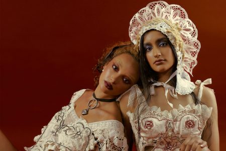 two women wearing vintage lace radical couture by Erika Janavi
